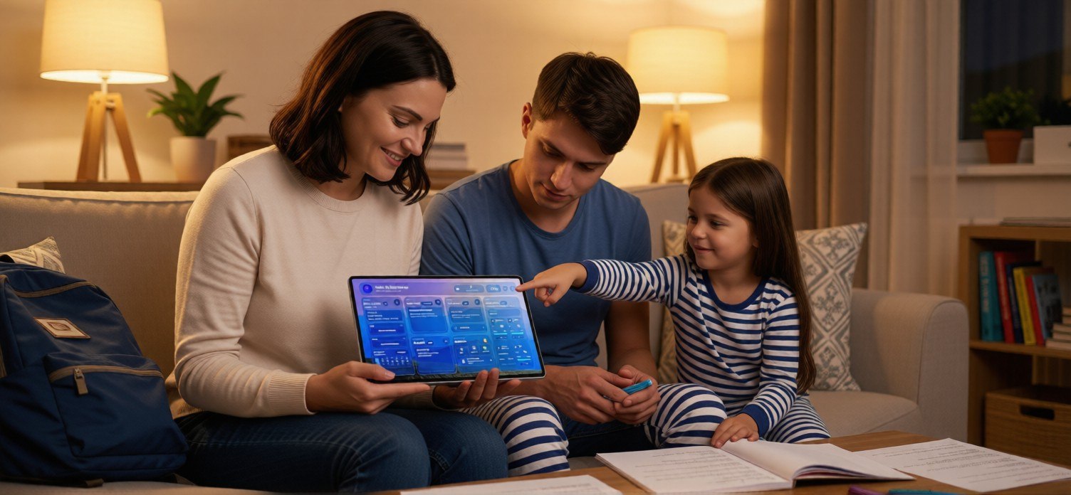Familie schaut gemeinsam auf ein Tablet mit Yunilo