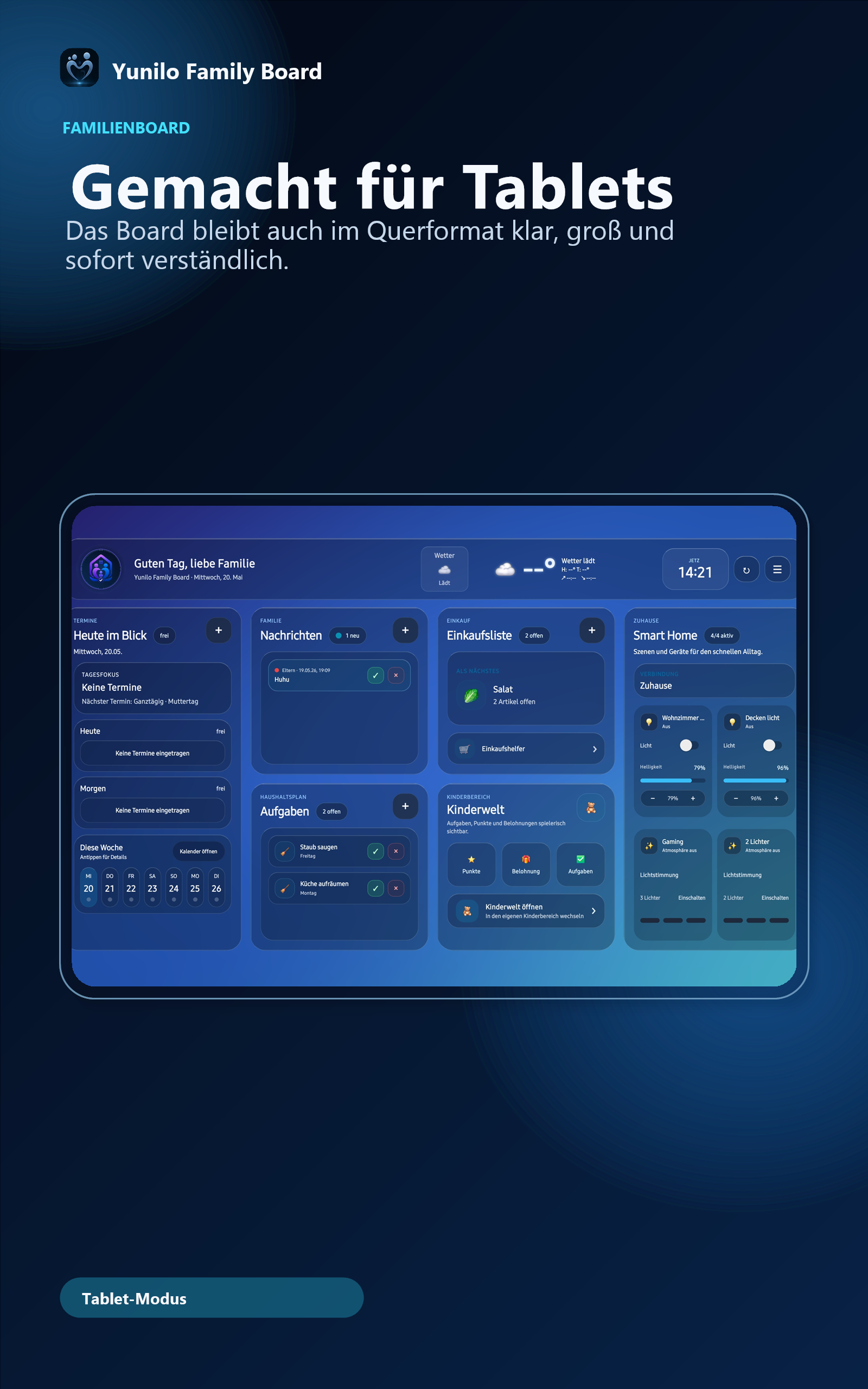 Yunilo Dashboard im Querformat auf einem Tablet